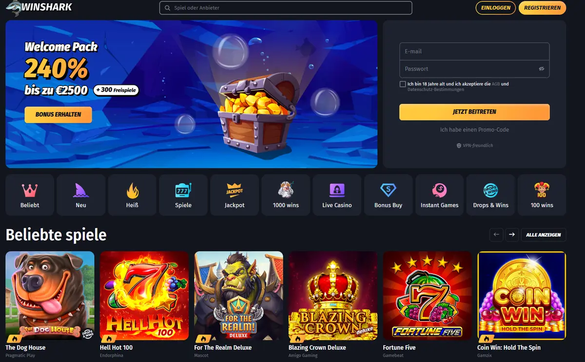 Winshark Casino mit Sofort Auszahlung